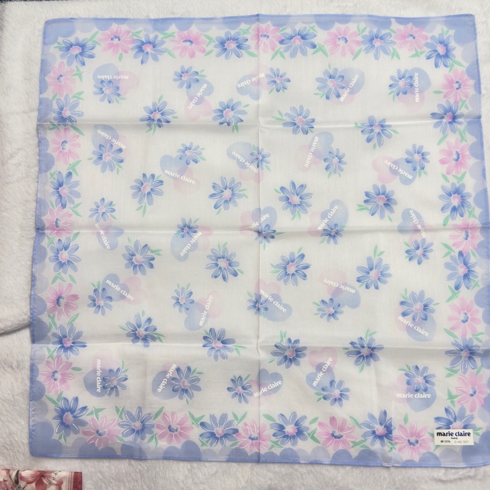 Floral Blue and Pink Scarf/ Handkerchief Cotton 18/18 inches - Picture 4 of 7